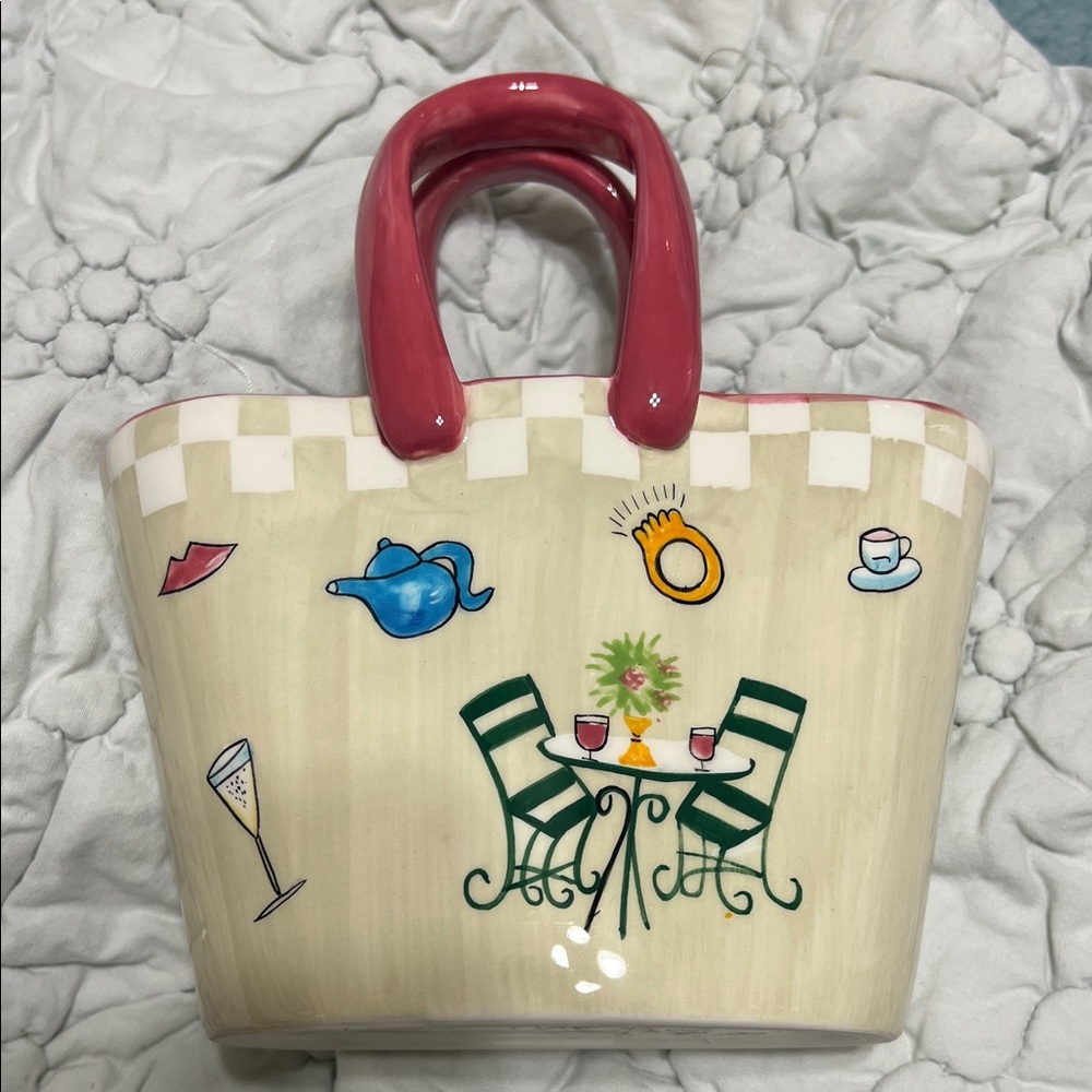 Ceramic Handbag with Pink Handles and Bistro Motif
